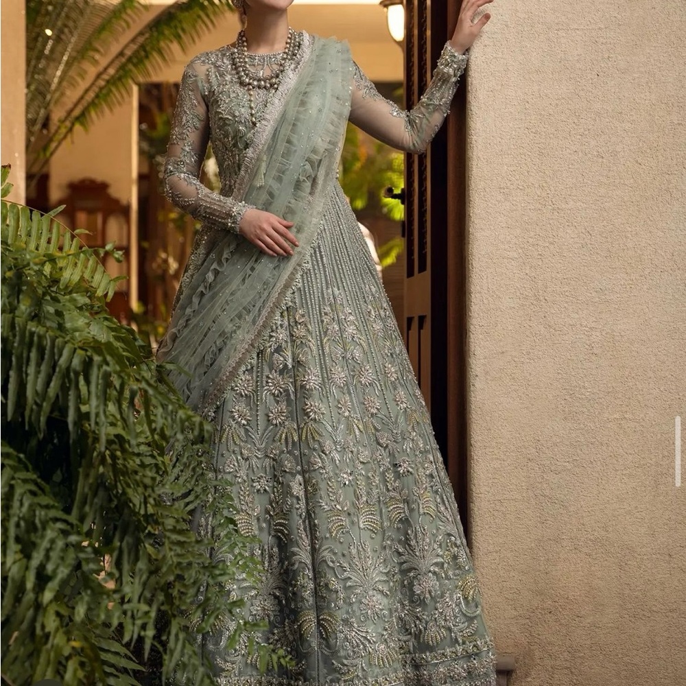 Pakistani Maxi Sea Green Wedding Guest Dress silver crystal detailing